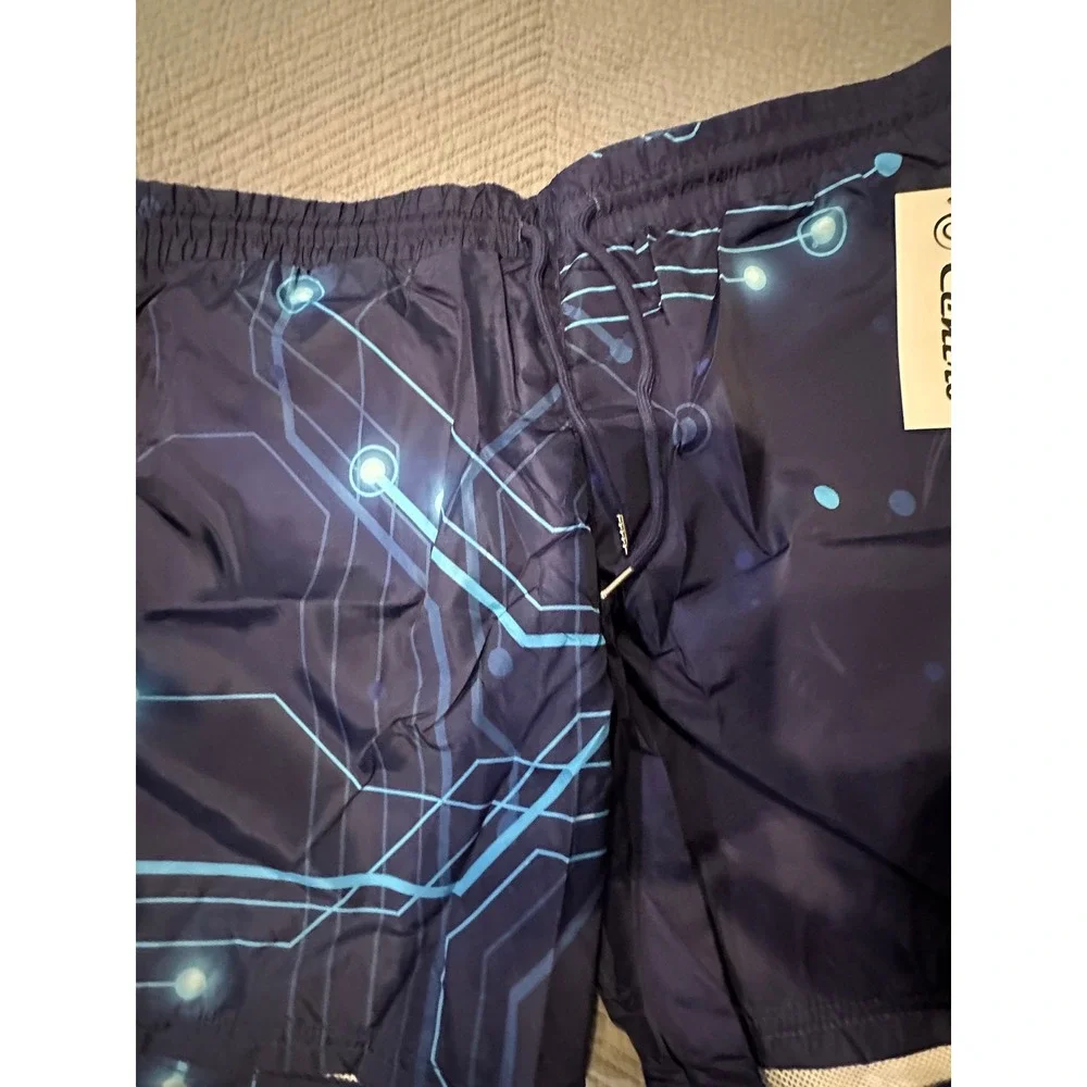 Centro Mens Swim Trunks XL Blue Digital Circuit Board Mesh Lined Shorts NWT